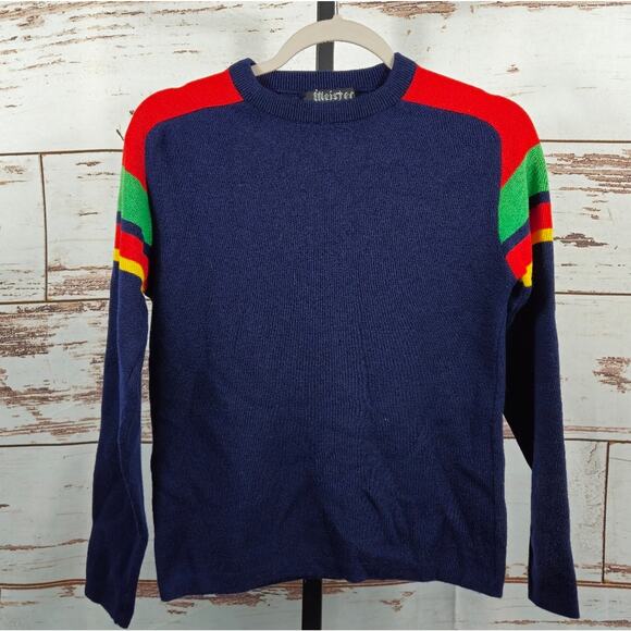 Vintage 80s Meister Ski Sweater Wool Blue Size Small - FLAW - Picture 1 of 6